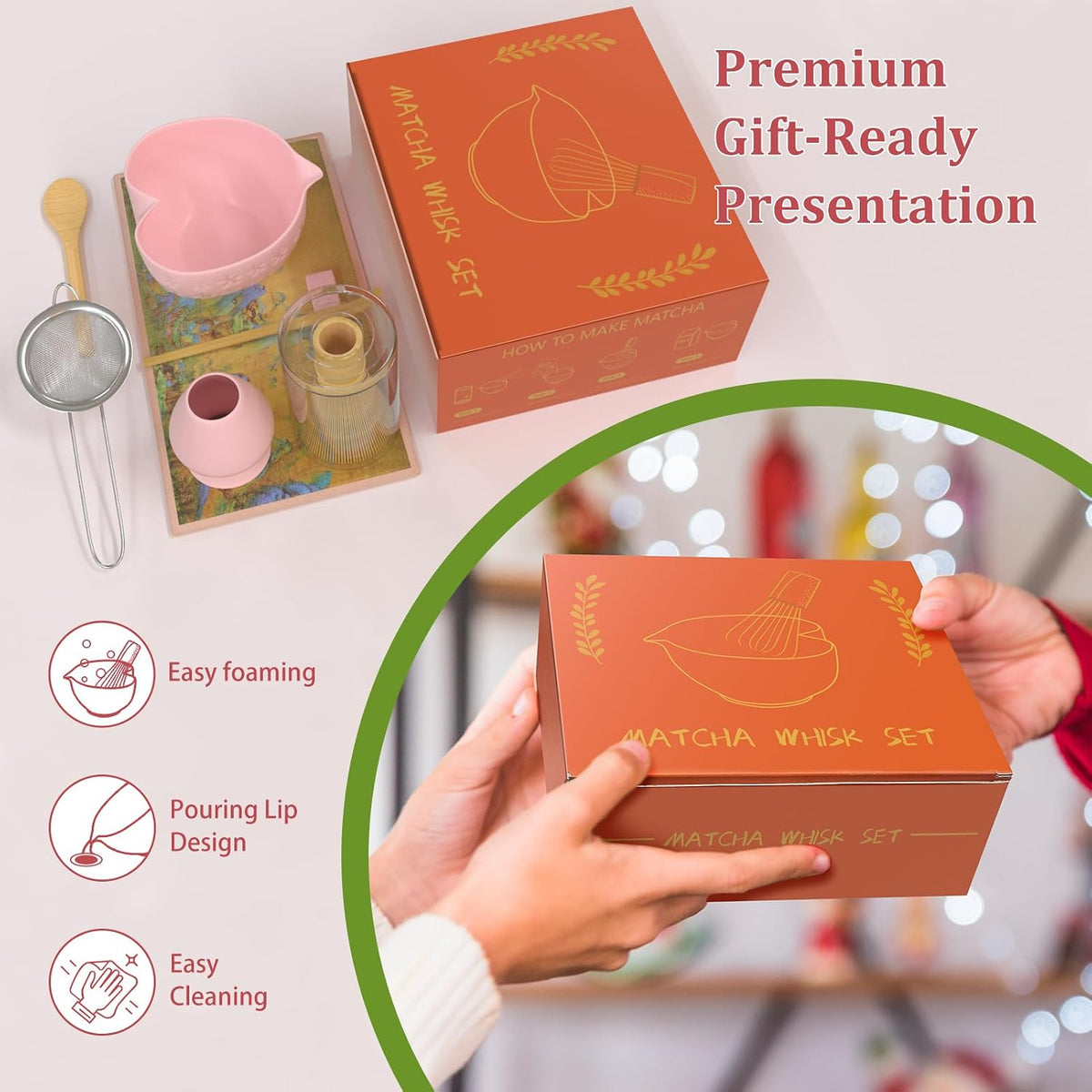 Matcha Whisk Set & Japanese Tea Set, 8PCS Ceramic Matcha Kit, Heart-shaped Matcha Bowl with Spout and Bamboo Whisk for Ceremony Matcha Lovers, Ideal Gift Christmas and Birthday (Cherry Blossom Pink)