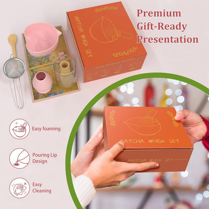 Matcha Whisk Set & Japanese Tea Set, 8PCS Ceramic Matcha Kit, Heart-shaped Matcha Bowl with Spout and Bamboo Whisk for Ceremony Matcha Lovers, Ideal Gift Christmas and Birthday (Cherry Blossom Pink)
