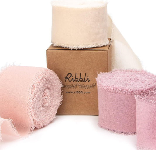 Chiffon Silk Ribbon, 1.5 inch x 30 Yard, Champagne/Blush Pink/Dusty Rose Fringe Chiffon Ribbon for Wedding Invitations, Bridal Bouquets Wrapping, Flower Arrangement Decoration