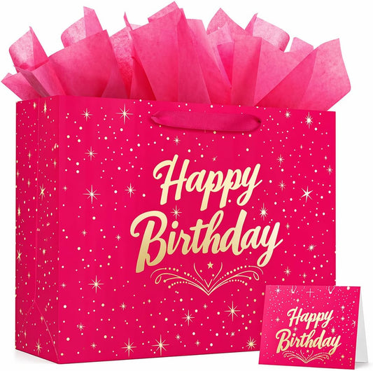 13" Pink Happy Birthday Gift Bag with Greeting Card and Tissue Papers, Happy Birthday Bag for Women Girls Party, Gift Bags Medium size(1 PCS Pink Hot Stamping)