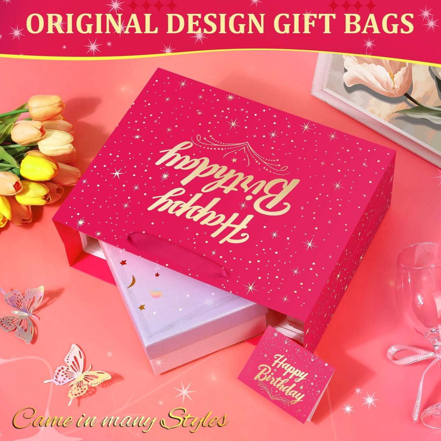 13" Pink Happy Birthday Gift Bag with Greeting Card and Tissue Papers, Happy Birthday Bag for Women Girls Party, Gift Bags Medium size(1 PCS Pink Hot Stamping)