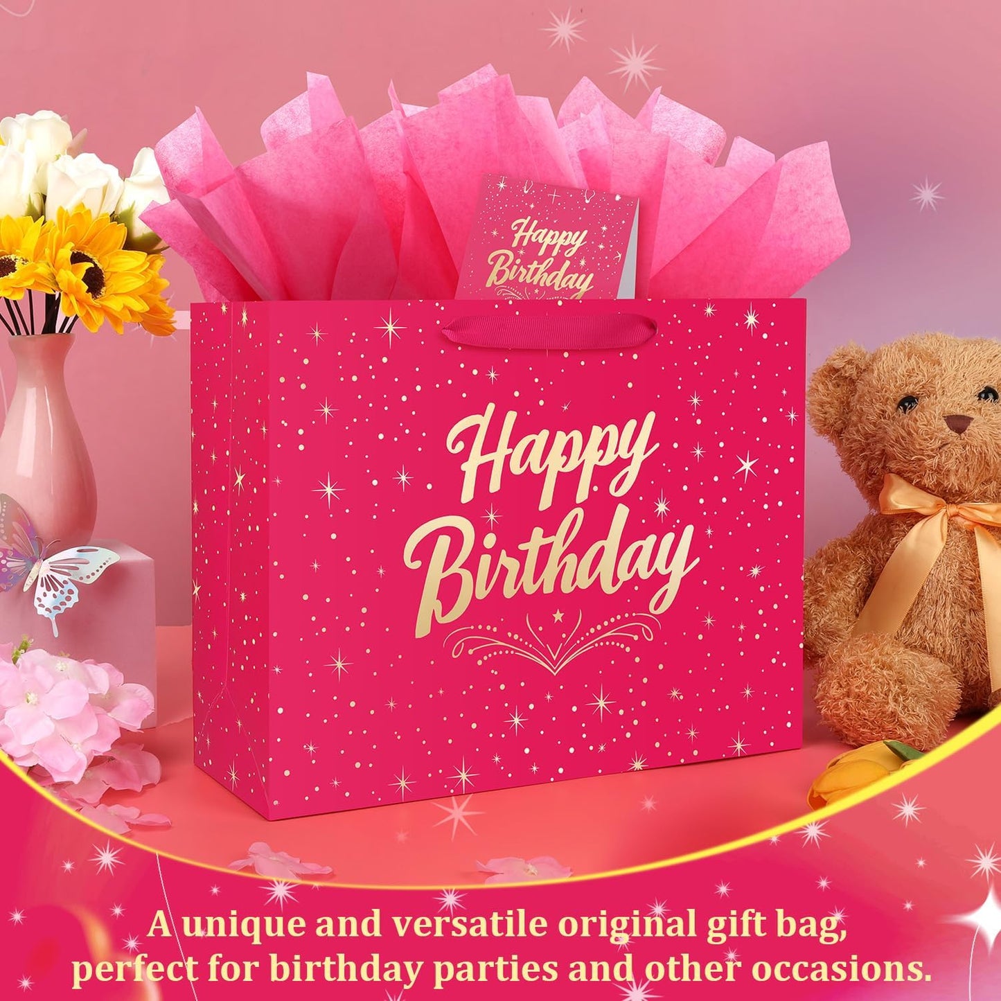 13" Pink Happy Birthday Gift Bag with Greeting Card and Tissue Papers, Happy Birthday Bag for Women Girls Party, Gift Bags Medium size(1 PCS Pink Hot Stamping)