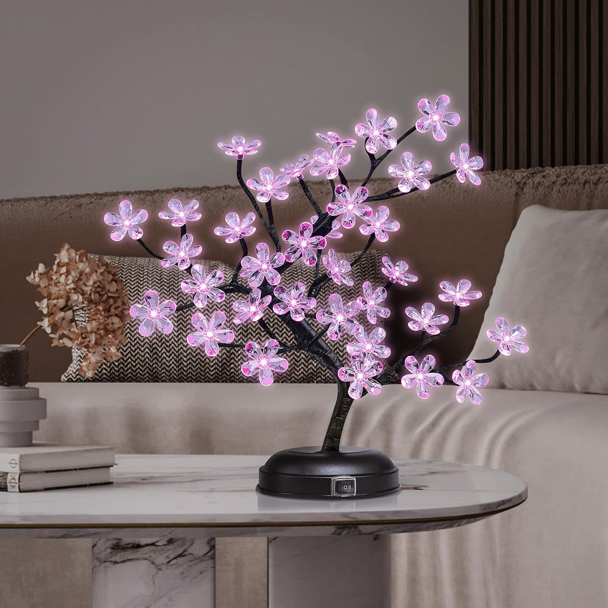 18-inch Crystal Flower LED Bonsai Tree, Pink Light, 36 LED Lights, Battery Powered or DC Adapter(Included), Built-in Timer