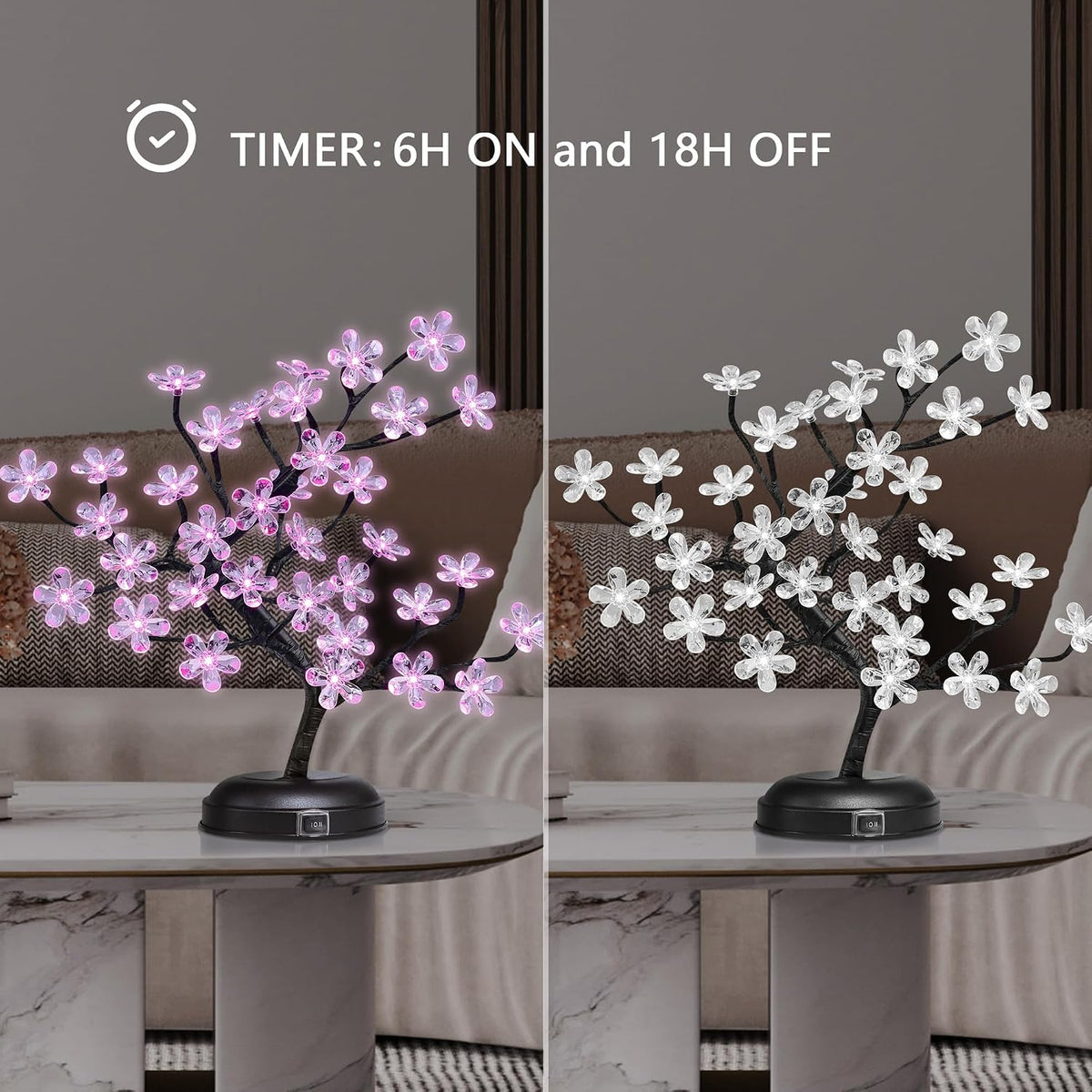 18-inch Crystal Flower LED Bonsai Tree, Pink Light, 36 LED Lights, Battery Powered or DC Adapter(Included), Built-in Timer