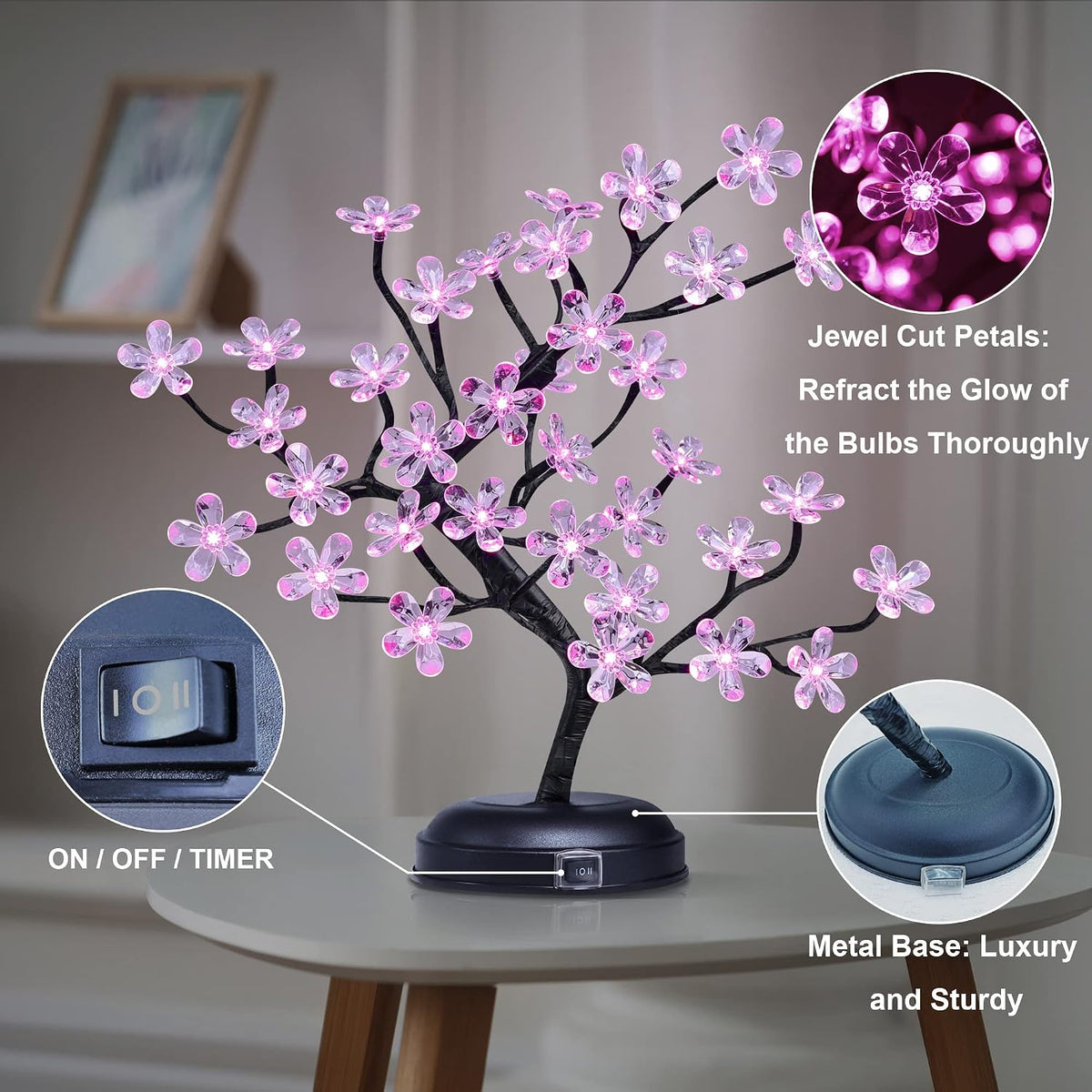 18-inch Crystal Flower LED Bonsai Tree, Pink Light, 36 LED Lights, Battery Powered or DC Adapter(Included), Built-in Timer
