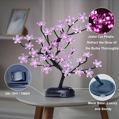 18-inch Crystal Flower LED Bonsai Tree, Pink Light, 36 LED Lights, Battery Powered or DC Adapter(Included), Built-in Timer
