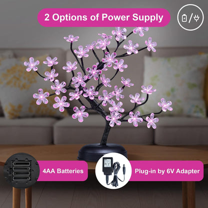 18-inch Crystal Flower LED Bonsai Tree, Pink Light, 36 LED Lights, Battery Powered or DC Adapter(Included), Built-in Timer