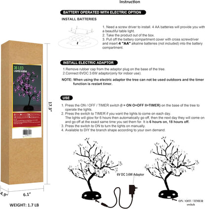 18-inch Crystal Flower LED Bonsai Tree, Pink Light, 36 LED Lights, Battery Powered or DC Adapter(Included), Built-in Timer