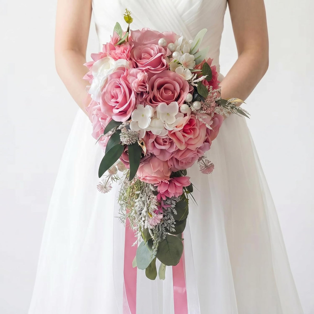 Dusty Pink Artificial Cascading Bridal Bouquet, Wedding Bouquets for Bride