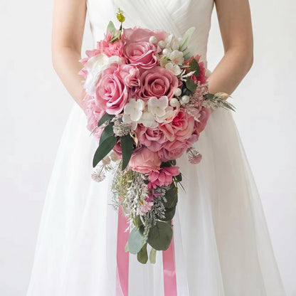 Dusty Pink Artificial Cascading Bridal Bouquet, Wedding Bouquets for Bride