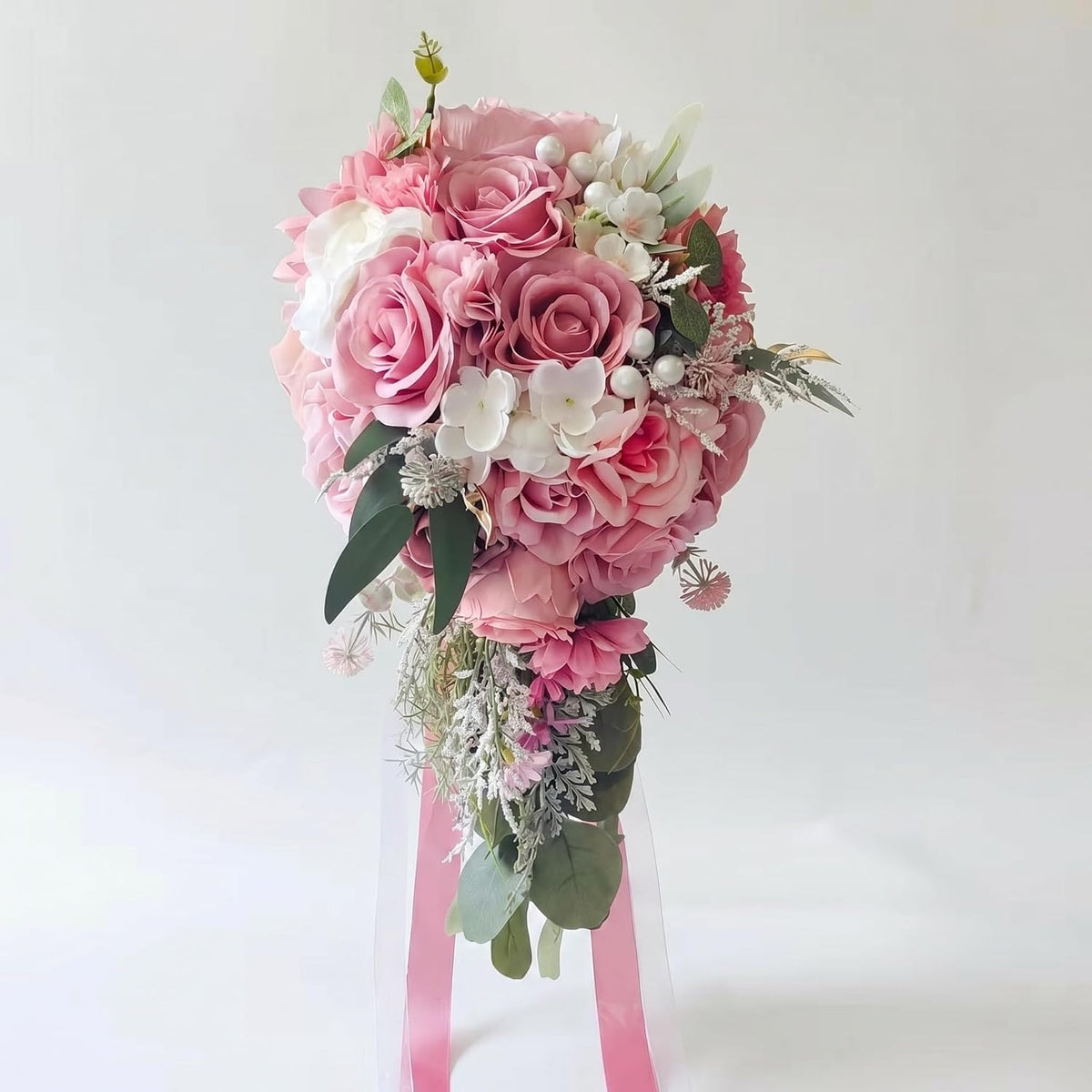 Dusty Pink Artificial Cascading Bridal Bouquet, Wedding Bouquets for Bride