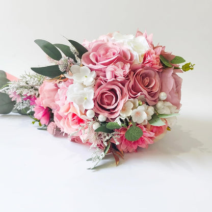 Dusty Pink Artificial Cascading Bridal Bouquet, Wedding Bouquets for Bride