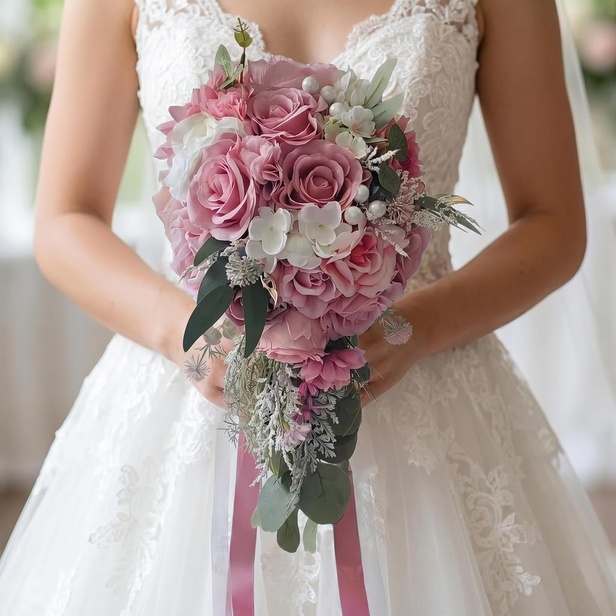 Dusty Pink Artificial Cascading Bridal Bouquet, Wedding Bouquets for Bride