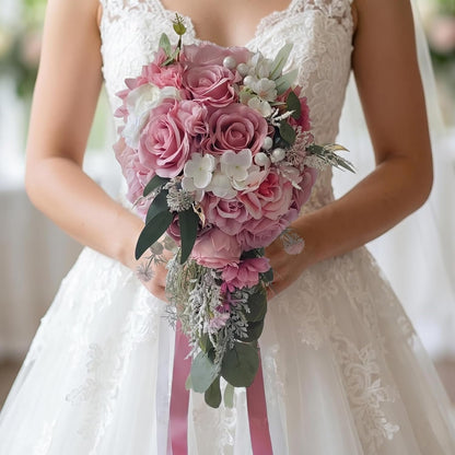 Dusty Pink Artificial Cascading Bridal Bouquet, Wedding Bouquets for Bride