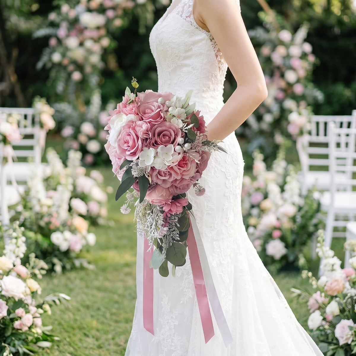 Dusty Pink Artificial Cascading Bridal Bouquet, Wedding Bouquets for Bride