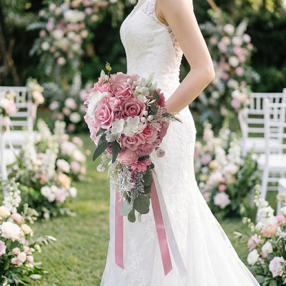 Dusty Pink Artificial Cascading Bridal Bouquet, Wedding Bouquets for Bride
