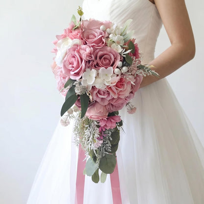 Dusty Pink Artificial Cascading Bridal Bouquet, Wedding Bouquets for Bride