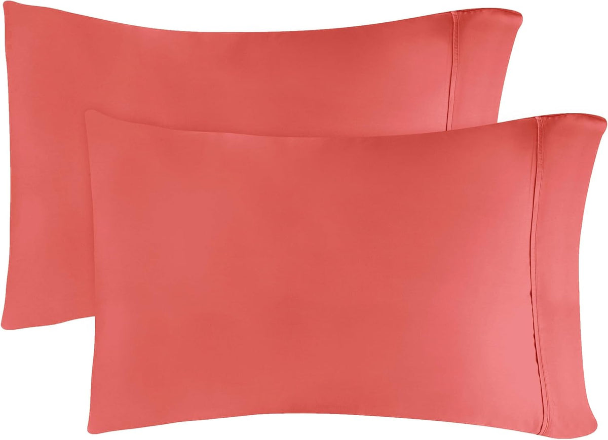 Egyptian Cotton 300 Thread Count Pillowcases, Pillow Cases, Modern, Solid Classic Pillow Case Cover, Ultra-Soft Comfort Basics, Bedding Essentials, Bed Accents, Set of 2, Standard, Coral
