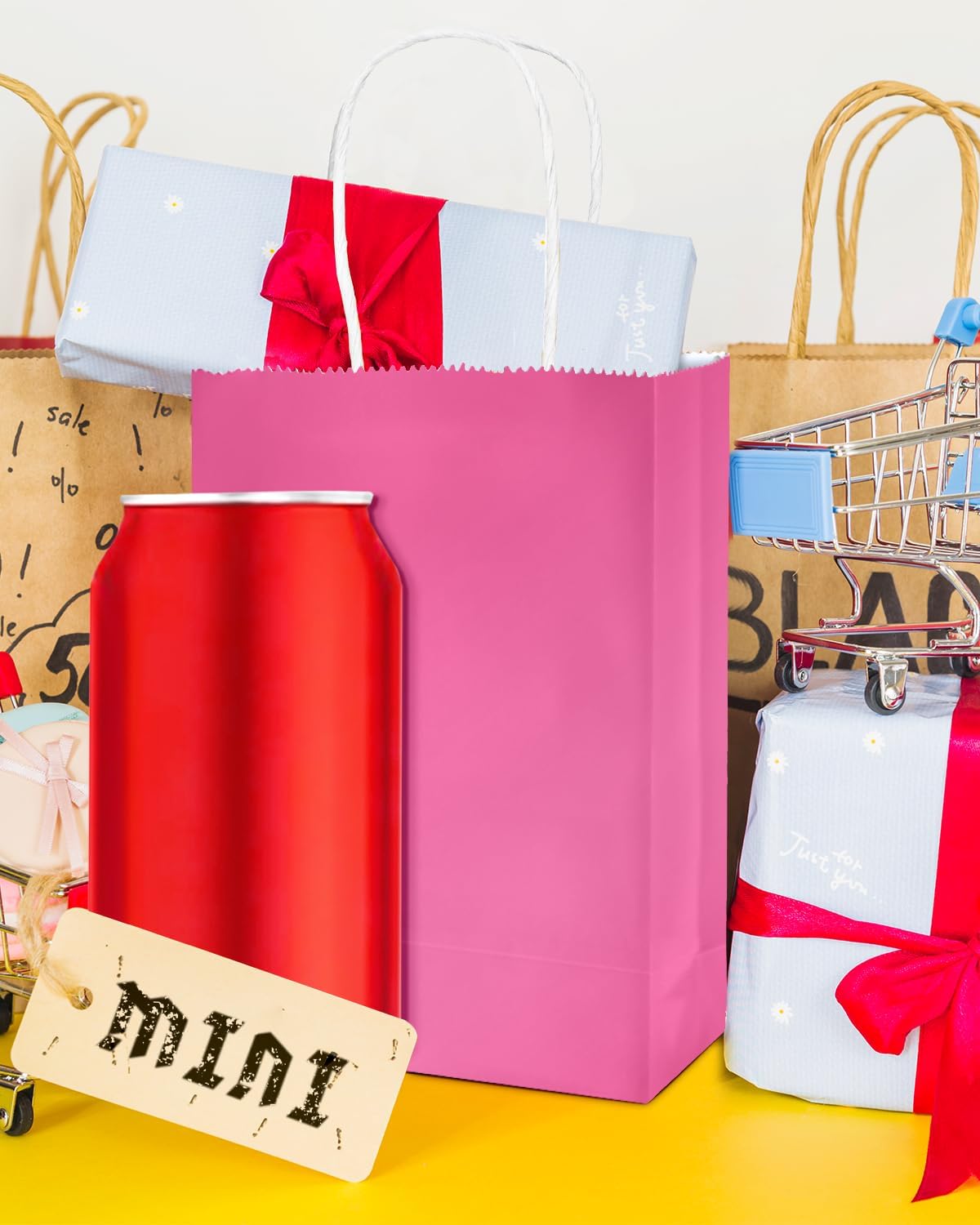 24PCS Mini Gift Bag with Handles Bulk 4.5"x2.5"x6" Gift Bags Pink Bags Multiple Uses