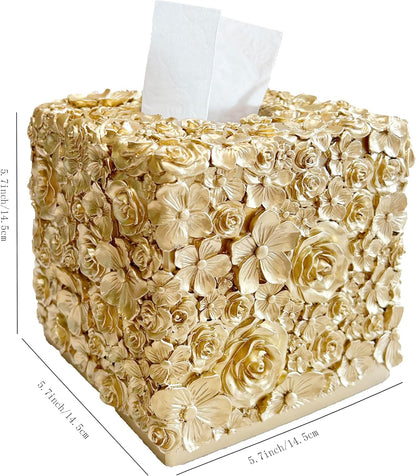 Square Tissue Box Cover Decorative Klenex Box Holder for Bathroom & Living Room with Handcrafted Texture (Rose Gold)