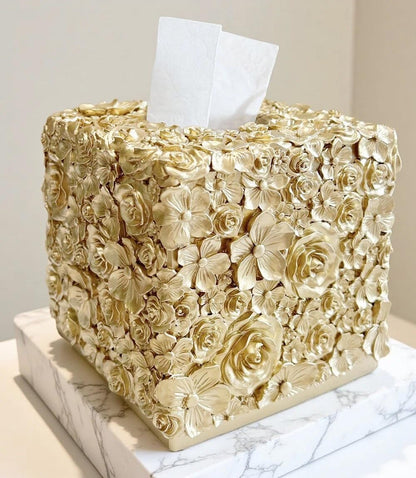 Square Tissue Box Cover Decorative Klenex Box Holder for Bathroom & Living Room with Handcrafted Texture (Rose Gold)