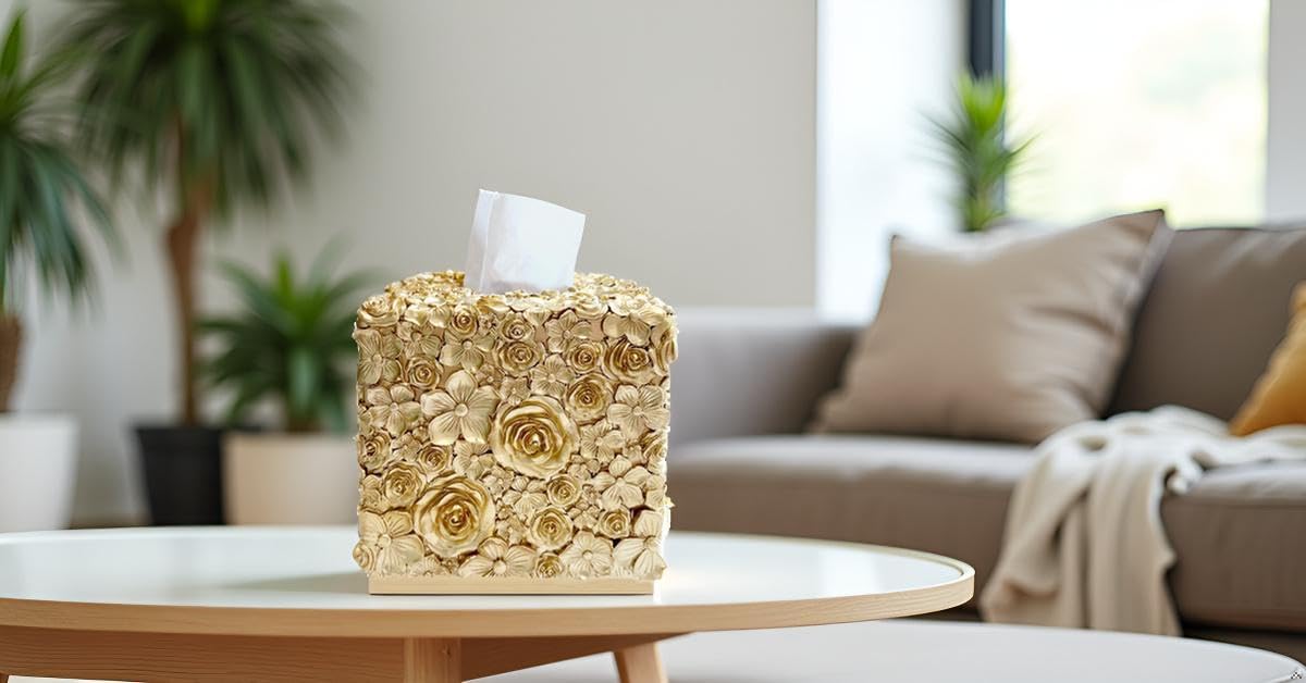 Square Tissue Box Cover Decorative Klenex Box Holder for Bathroom & Living Room with Handcrafted Texture (Rose Gold)