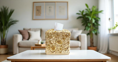 Square Tissue Box Cover Decorative Klenex Box Holder for Bathroom & Living Room with Handcrafted Texture (Rose Gold)