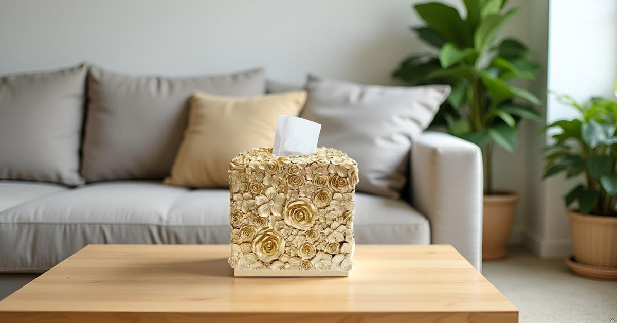 Square Tissue Box Cover Decorative Klenex Box Holder for Bathroom & Living Room with Handcrafted Texture (Rose Gold)