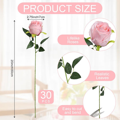 30 Pcs Artificial Roses with Long Stems - Pink