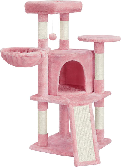 42in Cat Tree Tower for Indoor Cats, Cat Condo with Perch & Hammock, Activity Center, Multi-Level Cat Furniture with Scratching Posts, Cat House, Pink