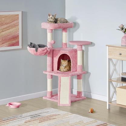 42in Cat Tree Tower for Indoor Cats, Cat Condo with Perch & Hammock, Activity Center, Multi-Level Cat Furniture with Scratching Posts, Cat House, Pink