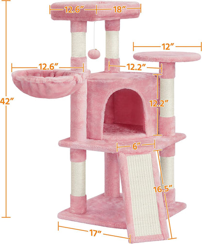42in Cat Tree Tower for Indoor Cats, Cat Condo with Perch & Hammock, Activity Center, Multi-Level Cat Furniture with Scratching Posts, Cat House, Pink