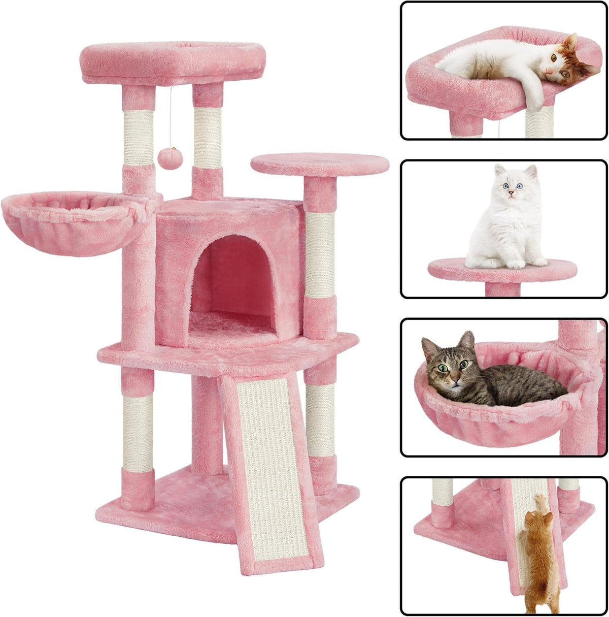 42in Cat Tree Tower for Indoor Cats, Cat Condo with Perch & Hammock, Activity Center, Multi-Level Cat Furniture with Scratching Posts, Cat House, Pink