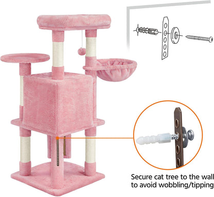 42in Cat Tree Tower for Indoor Cats, Cat Condo with Perch & Hammock, Activity Center, Multi-Level Cat Furniture with Scratching Posts, Cat House, Pink