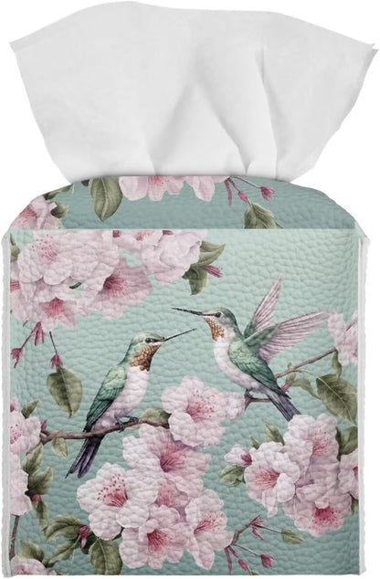 Peach Blossom Tissue Box Cover, Hummingbird Print, Pink PU Leather, Square, Decorative