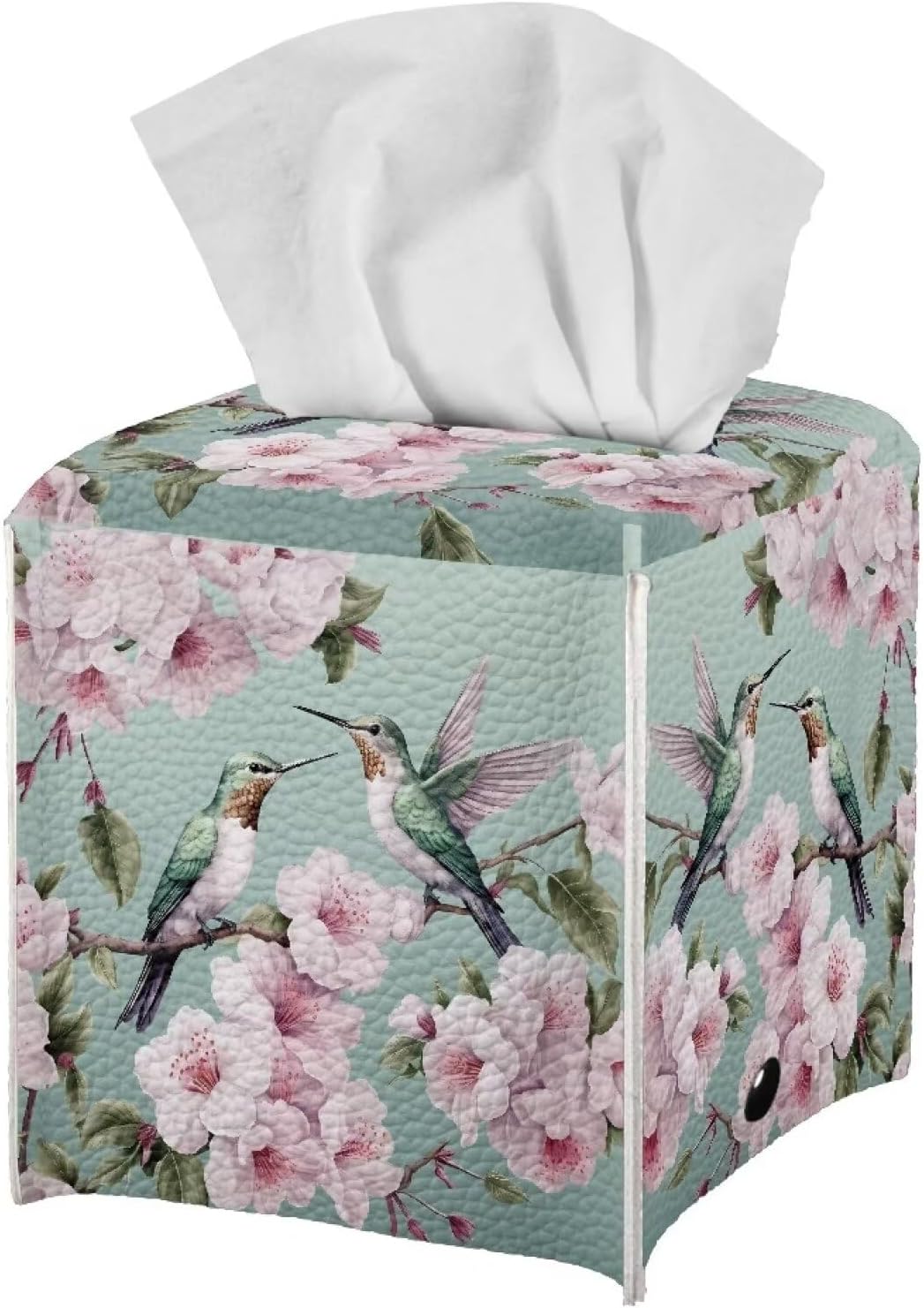 Peach Blossom Tissue Box Cover, Hummingbird Print, Pink PU Leather, Square, Decorative