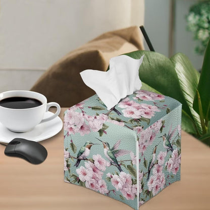 Peach Blossom Tissue Box Cover, Hummingbird Print, Pink PU Leather, Square, Decorative