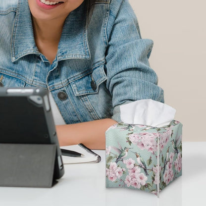 Peach Blossom Tissue Box Cover, Hummingbird Print, Pink PU Leather, Square, Decorative