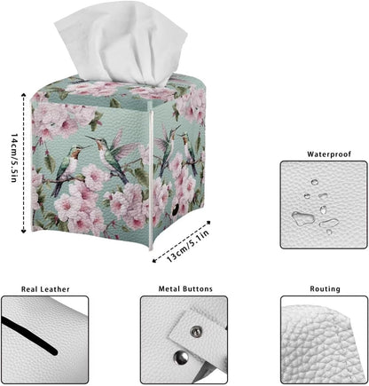 Peach Blossom Tissue Box Cover, Hummingbird Print, Pink PU Leather, Square, Decorative