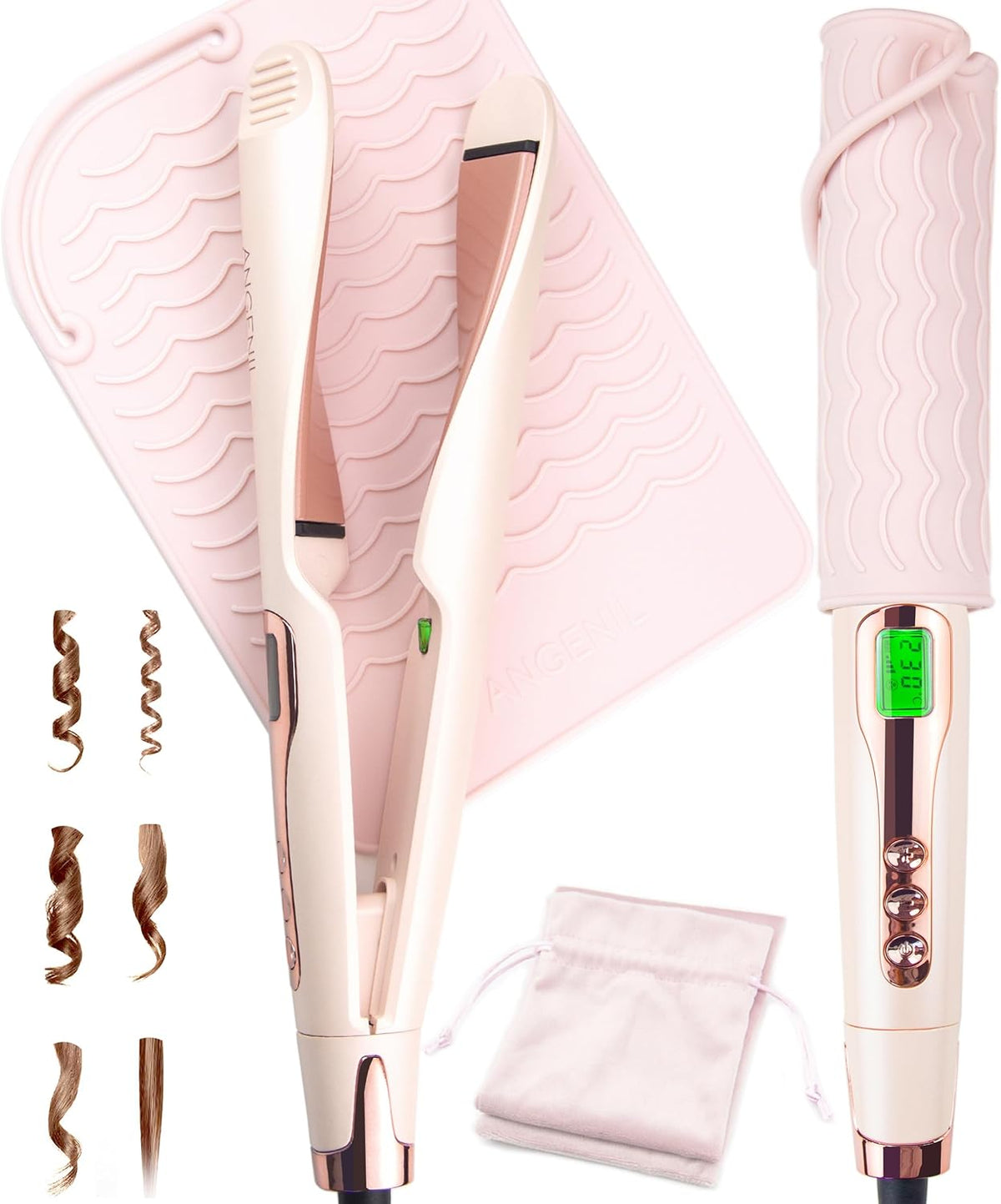 Pro Twist Flat Iron Hair Straightener, 2 in 1 Straightener and Curling Iron for Women, Round Pink Dual Voltage Hair Straightener with Silicone Heat Resistant Mat, 30s Fast Heating, LCD Display