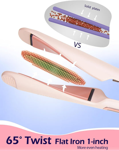 Pro Twist Flat Iron Hair Straightener, 2 in 1 Straightener and Curling Iron for Women, Round Pink Dual Voltage Hair Straightener with Silicone Heat Resistant Mat, 30s Fast Heating, LCD Display