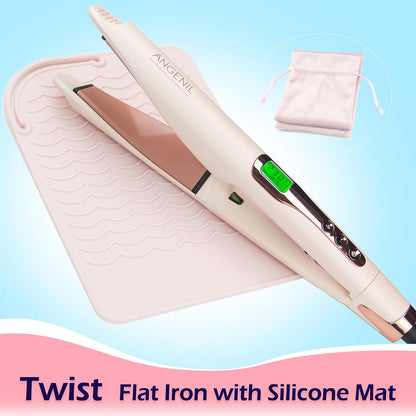 Pro Twist Flat Iron Hair Straightener, 2 in 1 Straightener and Curling Iron for Women, Round Pink Dual Voltage Hair Straightener with Silicone Heat Resistant Mat, 30s Fast Heating, LCD Display