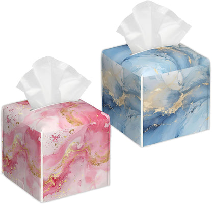 Blue Pink Gold Liquid Marble 2 Pcs Tissue Box Holder Square Tissue Box Cover Facial Cube Napkin Organizer Dispenser for Bedroom Office Bathroom Decor