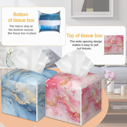 Blue Pink Gold Liquid Marble 2 Pcs Tissue Box Holder Square Tissue Box Cover Facial Cube Napkin Organizer Dispenser for Bedroom Office Bathroom Decor