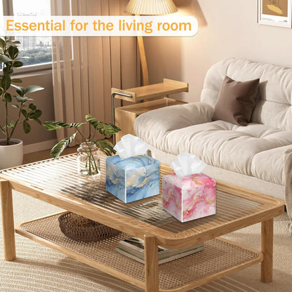 Blue Pink Gold Liquid Marble 2 Pcs Tissue Box Holder Square Tissue Box Cover Facial Cube Napkin Organizer Dispenser for Bedroom Office Bathroom Decor