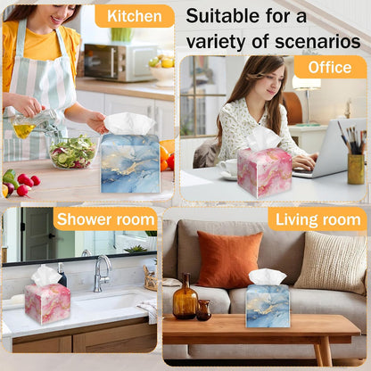 Blue Pink Gold Liquid Marble 2 Pcs Tissue Box Holder Square Tissue Box Cover Facial Cube Napkin Organizer Dispenser for Bedroom Office Bathroom Decor