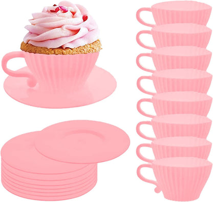 Silicone Cupcake Liners, 16 Pcs Silicone Muffin Cups for Baking, Reusable Muffin Liners, Teacup Cupcake Baking Cups, 8 Cups & 8 Saucers, Pink