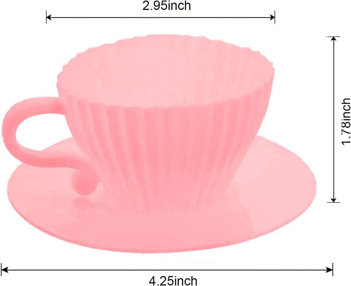 Silicone Cupcake Liners, 16 Pcs Silicone Muffin Cups for Baking, Reusable Muffin Liners, Teacup Cupcake Baking Cups, 8 Cups & 8 Saucers, Pink