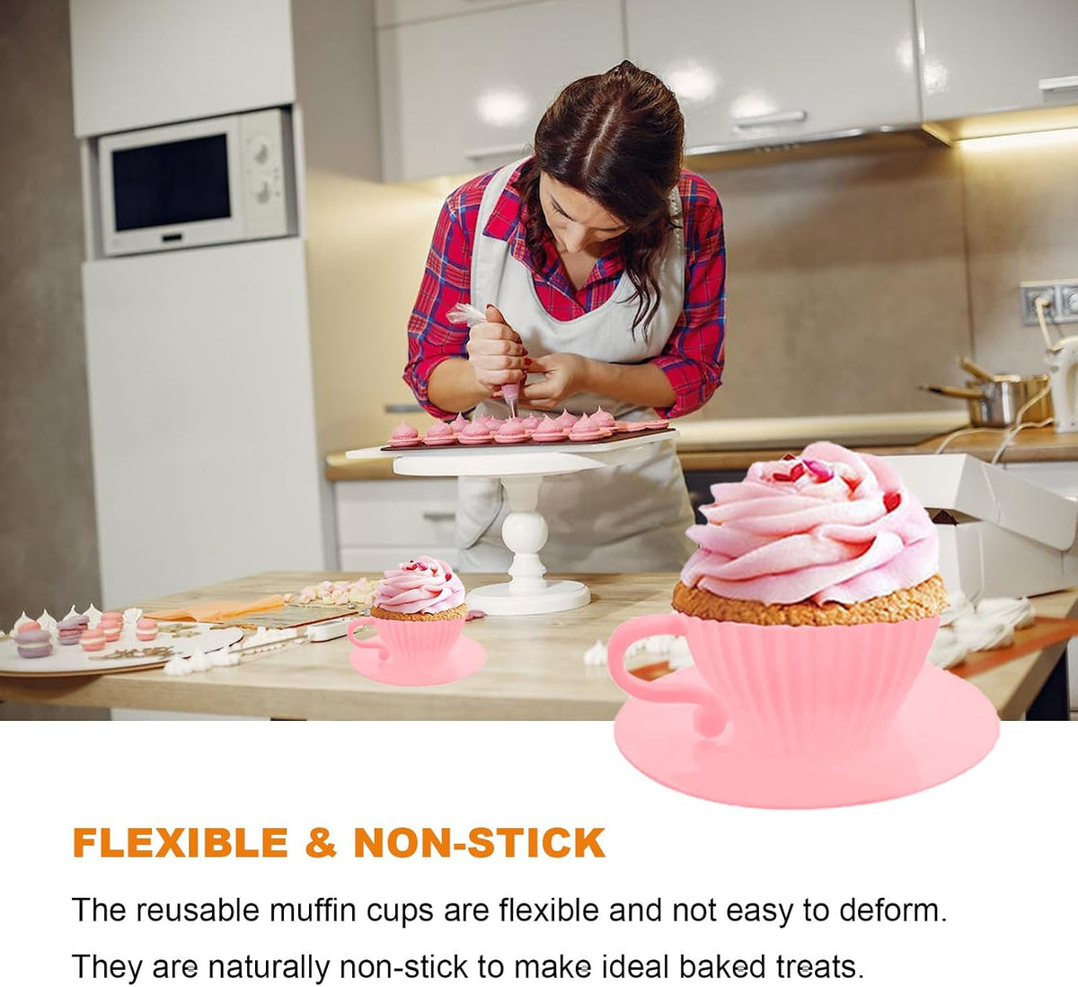 Silicone Cupcake Liners, 16 Pcs Silicone Muffin Cups for Baking, Reusable Muffin Liners, Teacup Cupcake Baking Cups, 8 Cups & 8 Saucers, Pink