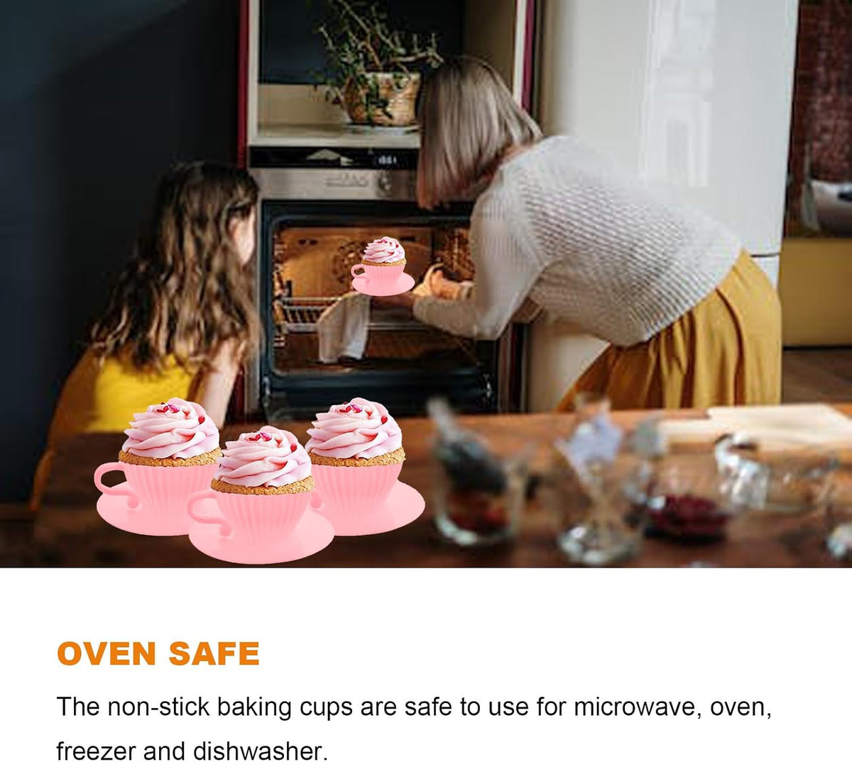 Silicone Cupcake Liners, 16 Pcs Silicone Muffin Cups for Baking, Reusable Muffin Liners, Teacup Cupcake Baking Cups, 8 Cups & 8 Saucers, Pink